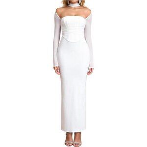 Fall Long Sleeve Corset Halter Formal Dress White